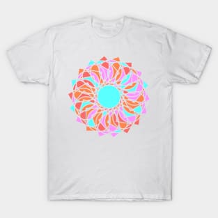 Digital mandala with random geometric repeated shapes in bright neon colors T-Shirt